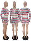 Fashion Striped Knitting 2PCS Set Turndown Collar Button Long-Sleeve Crop Top + Shorts