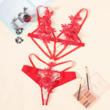 Women Red Embroidered Mesh Strappy Transparent Teddies Lingerie