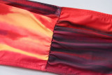 Trendy Print Sexy Long Sleeve Ruched Crop Top +Drawstring Mini Skirt 2PCS Set