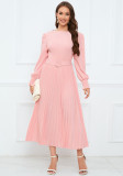Women Solid Round Neck Shirred Long Sleeve Pleated A-Line Midi Dress with Belt