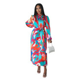 Tie Neck Print Long Sleeve Long Pleated Dress