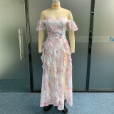 Floral Print Fashion Sexy Slit Ruffle Long Dress