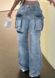 High Waist Zipper Split Patchwork Multi Pocket Straight Loose Street Fashion Denim Trousers Women