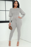 Fall/Winter Solid Bishop Sleeve Crop Top 2PCS Pants Set