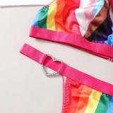 Rainbow Striped Lace Trim Sexy Bra Pantie Two Pieces Lingerie