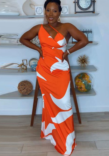 Sexy Asymmetric Print Orange Slim Bodycon Maxi Dress