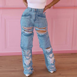 Street Style Ripped Holes Denim Straight Leg Pants