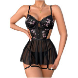 Sexy Embroidered Mesh Hollow See-Through Cami Night Dress with Pantie(without Leg Straps)