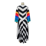 Fashion V Neck Flare Sleeves Contrast Striped Print Maxi Dress