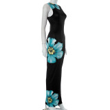 Floral Print Sleeveless Round Neck Slim Maxi Dress