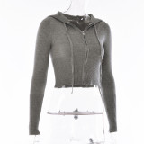 Knitting Zipper Hooded Jacket Fashion Sexy High Waist Trousers 2PCS Set