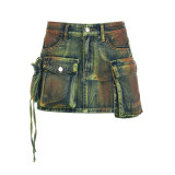 Distressed Irregular Pocket Zipper Slim Denim Skirt