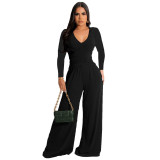 Sexy Cutout Back V-Neck Ruched  Wide Leg Jumpsuit