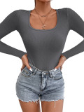 Sports Casual Ribbed Solid Square Neck Long Sleeve Tight Bodysuit