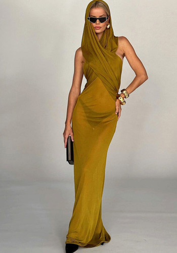Trendy Solid Low Back Sleeveless Hooded Slim Fit Maxi Dress