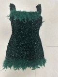 Sequin Feather Trim Off Shoulder Low Back Bodycon Party Dress