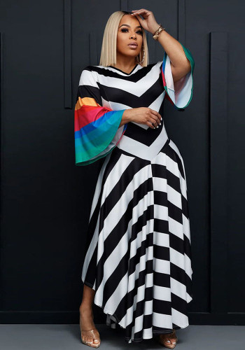 Fashion V Neck Flare Sleeves Contrast Striped Print Maxi Dress