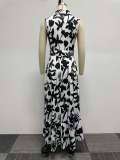 Fashion Printed Sleeveless Ruffle Slim Waist High Low Belted Dress