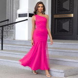 Hot Pink One Shoulder Ruched Mesh Sleeveless Maxi Party Dress