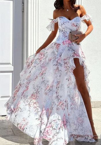 Floral Print Fashion Sexy Slit Ruffle Long Dress