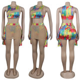Sexy Print Colorful Mesh Patchwork Beachwear See-Through Three-Piece Set
