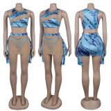 Sexy Print Colorful Mesh Patchwork Beachwear See-Through Three-Piece Set