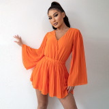 Solid V-Neck Pleated Long Sleeve Playsuit