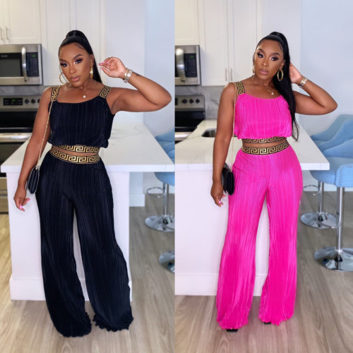 Solid Pleated Webbing Splicing Crop Top and High Waisted Wide Leg 2PCS Set