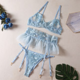 Mini Skirt Three-Piece Sexy Lingerie Set Embroidered Bra Garter Underwear