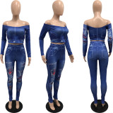 Print Fashion Fake Denim Two-Piece Pants Set