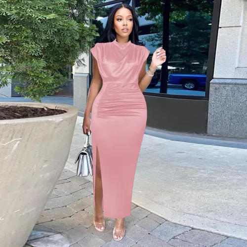Solid Silk Midi Neck Short Sleeves Silt Maxi Dress
