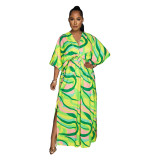 Multicolor Print Slit Half Sleeve Casual Maxi Dress