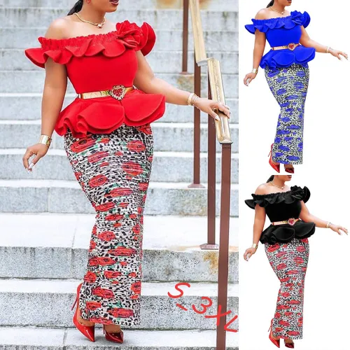 Elegant Contrast Floral Sexy Ruffle Formal Maxi Slit Dress