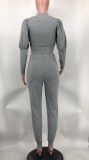 Fall/Winter Solid Bishop Sleeve Crop Top 2PCS Pants Set