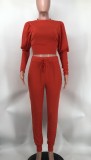 Fall/Winter Solid Bishop Sleeve Crop Top 2PCS Pants Set