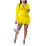 Solid Deep V Feather Trim Mesh Patchwork Fashoin Rompers
