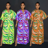 Multicolor Print Slit Half Sleeve Casual Maxi Dress