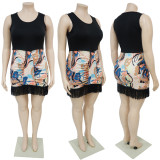 Sleeveless Printed Patchwork Ladies Fashion Plus Size Tassel Dress