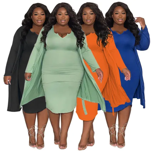 Solid Full Sleeve Long Coat Plus Size Bodycon Tank Dress 2PCS Set