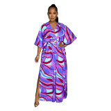 Multicolor Print Slit Half Sleeve Casual Maxi Dress