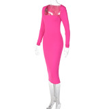 Hot Pink Long Sleeve Sexy Midi Bodycon Dress