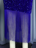 Blue Long Sleeve Sequin Fur Cuff Tassel Party Prom Dress