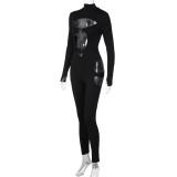Black Solid Long Sleeve Buckle Sexy Cutout Tight Jumpsuit