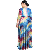 Wholesale Trendy Tie Dye Printed Round Neck Plus Size Maxi Dress
