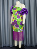 Party Slash Shoulder Short Sleeve Floral Print Patchwork Tassel Dress