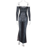 Off Shoulder Long Sleeve Fashion Print Maxi Dress
