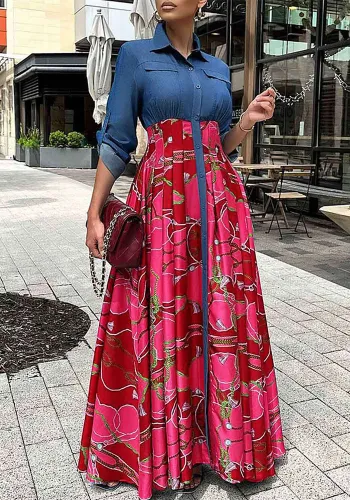Casual Denim Print Patchwork Long Shirt Dress