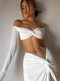 White Long Sleeve V-neck Crop Top and High-waist Slit Skirt 2PCS set
