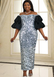 Sequins Plus Size Sexy Off Shoulder Puff Sleeve Party Dress