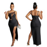 Trendy Solid Mesh Patchwork Cutout Slit Cami Long Dress